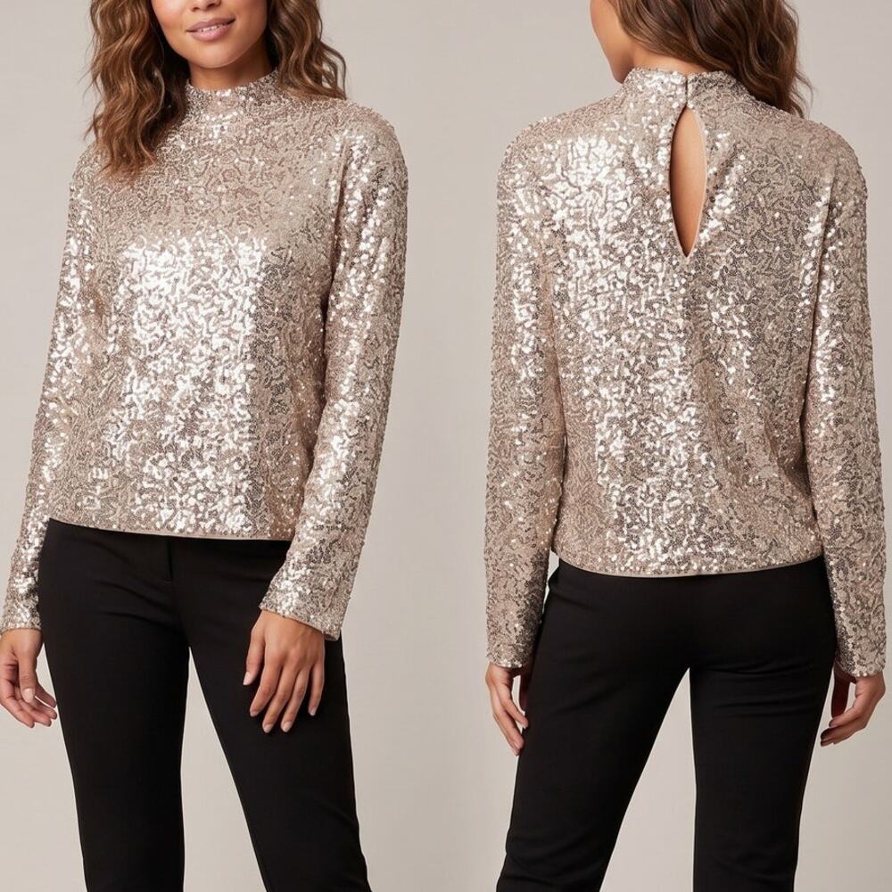 H&M Medium Sequin Sparkly Turtleneck Top Long Sleeve Keyhole Back Beige